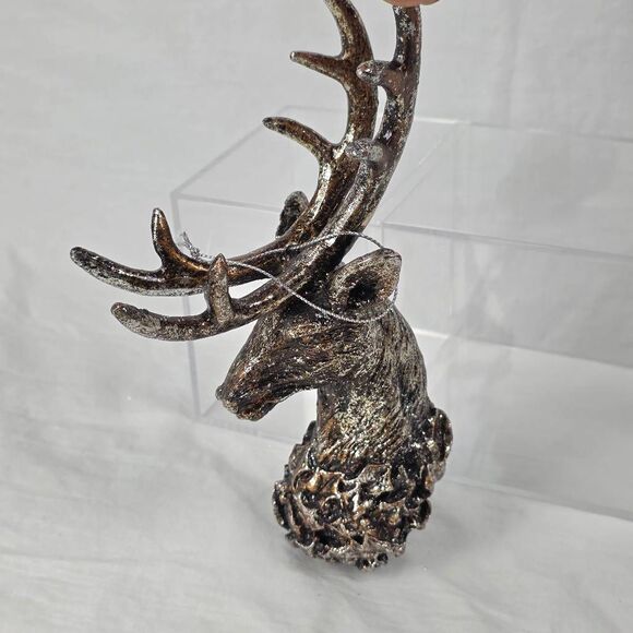 Silver Stag Head Christmas Ornament Metallic Resin - Picture 5 of 7